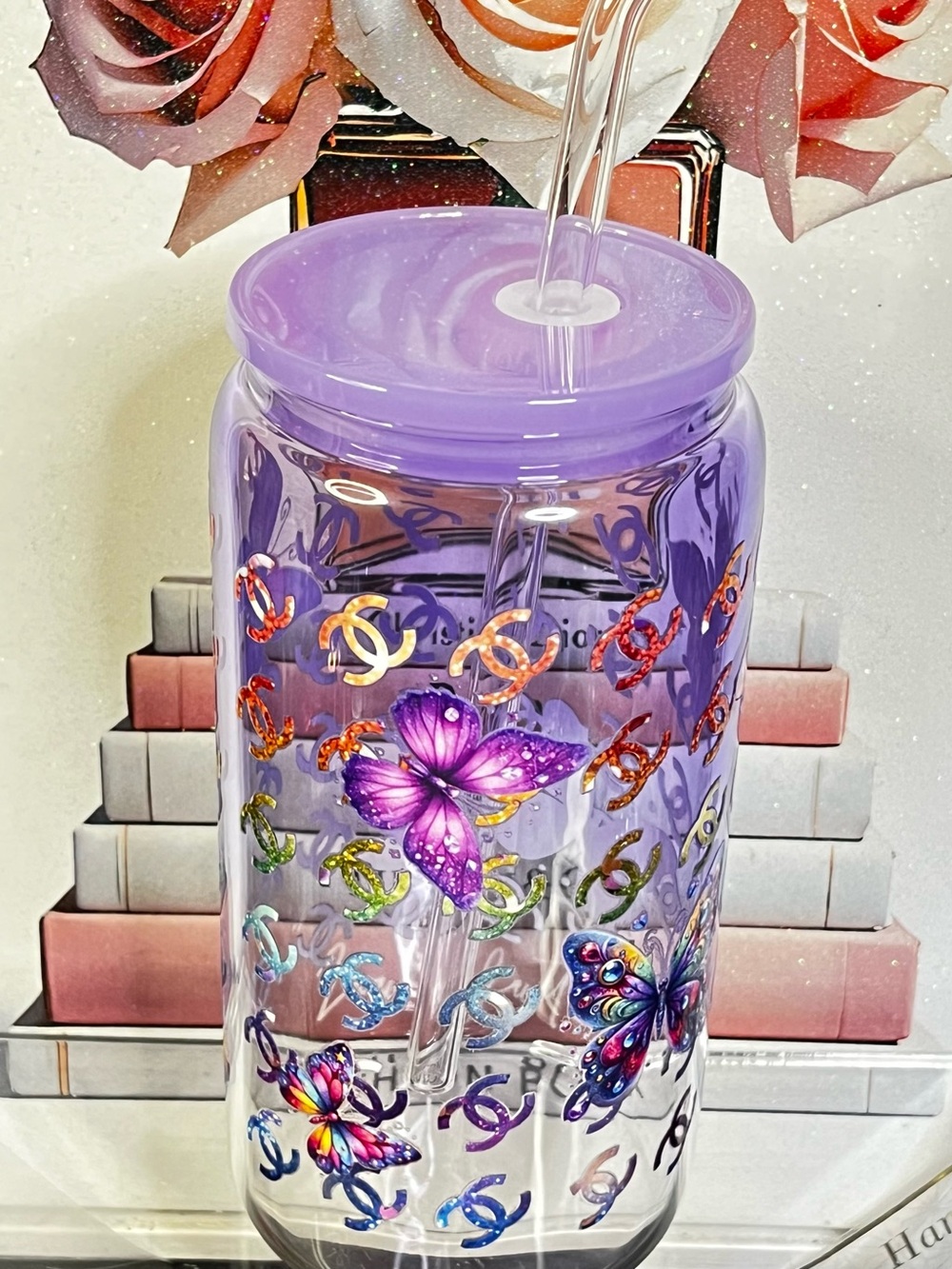 Purple Butterfly Glass Tumbler with Straw NWT